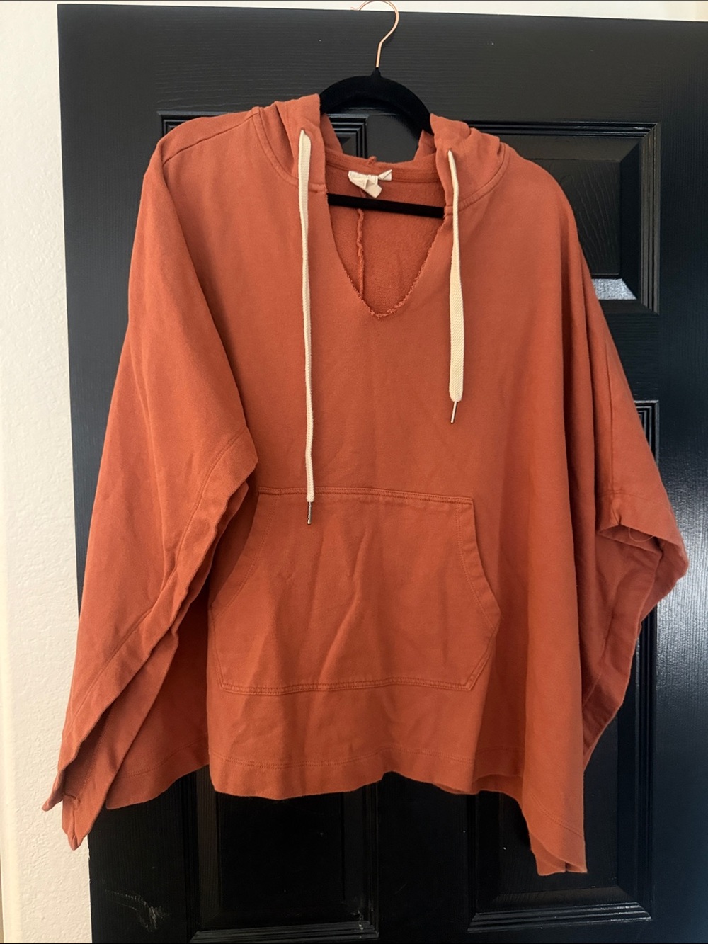 Burnt Orange Hooded Pullover Poncho with Front Pocket